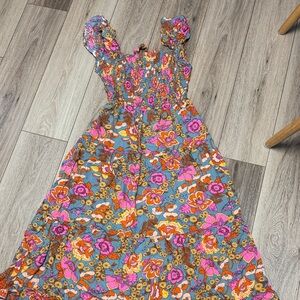 DOROSE NWT M BRIGHT BOLD Floral  Smocked open back BOHO Midi Dress